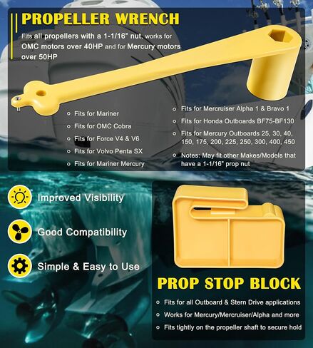 For Marine Boat Prop 1-1/16" Polymer Propeller Wrench 91-859046Q4 & PMPS-1-DP Prop Stop Block - Works for Mercury Mercruiser Alpha, Fits all Outboard & Stern Drive Applications, (Light-Weight, Yellow) in Saudi Arabia