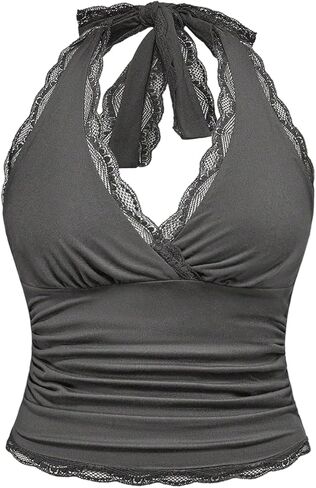 Makemechic Women's Plus Summer Summer Halter Tops Lace Trim Tie Back Ruched Out Out Tops in Kuwait