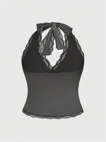 Makemechic Women's Plus Summer Summer Halter Tops Lace Trim Tie Back Ruched Out Out Tops in Kuwait