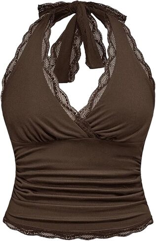 Makemechic Women's Plus Summer Summer Halter Tops Lace Trim Tie Back Ruched Out Out Tops in Kuwait