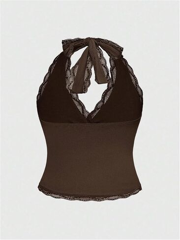 Makemechic Women's Plus Summer Summer Halter Tops Lace Trim Tie Back Ruched Out Out Tops in Kuwait