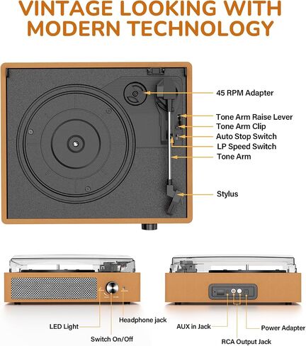 Bluetooth Vinyl Record Player,3-Speed Turntable with Stereo Speakers Vintage Phonograph Record Player, with RCA Line Out AUX in Headphone Jack (Brown) in Kuwait