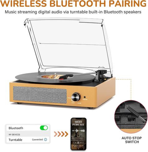 Bluetooth Vinyl Record Player,3-Speed Turntable with Stereo Speakers Vintage Phonograph Record Player, with RCA Line Out AUX in Headphone Jack (Brown) in Kuwait