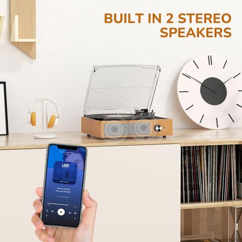 Bluetooth Vinyl Record Player,3-Speed Turntable with Stereo Speakers Vintage Phonograph Record Player, with RCA Line Out AUX in Headphone Jack (Brown) in Kuwait