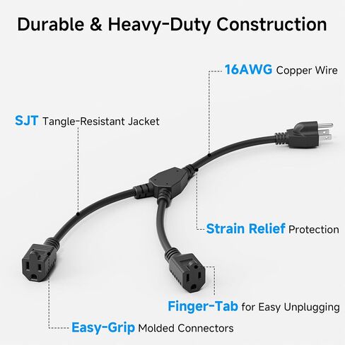 Cable Matters 2-Pack 4 Outlet Power Splitter Cord - 1.5ft, NEMA 5-15P to NEMA 5-15R Y Power Cord Splitter, 16 AWG Outlet Saver, 4 Way ExtensionCord, 1.5 Feet in Saudi Arabia