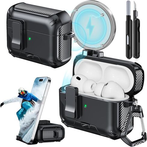 for AirPods Pro 2 Case (2023/2022/2019) with Phone Stand,（with Automatic Snap Switch） Carbon Fiber Design Protection Cover for Airpods Pro 2nd/1st Gen with Cleaning Pen - Balck in Kuwait