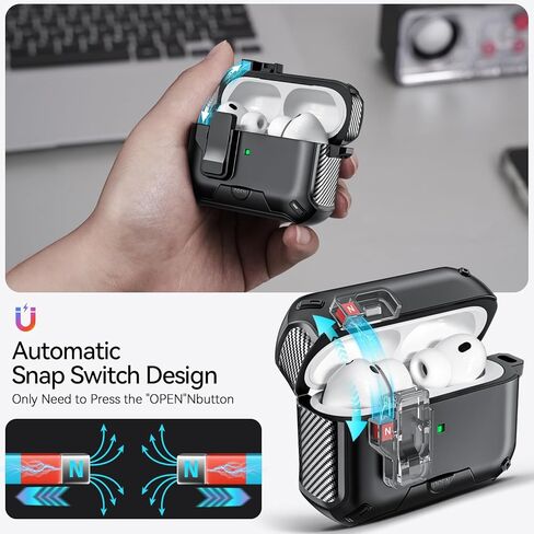 for AirPods Pro 2 Case (2023/2022/2019) with Phone Stand,（with Automatic Snap Switch） Carbon Fiber Design Protection Cover for Airpods Pro 2nd/1st Gen with Cleaning Pen - Balck in Kuwait