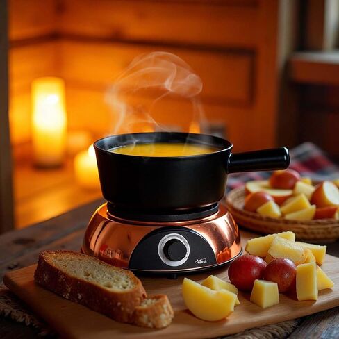 Artestia Electric Fondue Pot 2-QT 1500W ، مجموعة فوندو سويسرية ثنائية الاستخدام لذوبان الجبن والشوكولاتة ، والتحكم في درجة الحرارة القابلة للتعديل ، وعاء خزفي أبيض مع قاعدة من الذهب الوردي وشوكات 6 in Kuwait