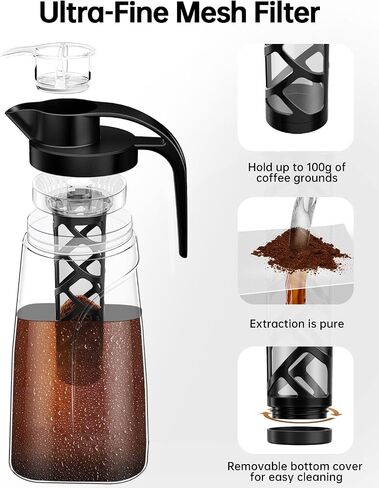 Cold Brew Coffee Maker ، 70 أونصة (2100 مل) BPA Tritan Pitcher ، صانع القهوة المثلجة ومصنع شاي ، مقاومة للتسرب 100 ٪ ، سهلة التنظيف ، مرشح شبكة قابلة للتنظيف ، أسود in Saudi Arabia