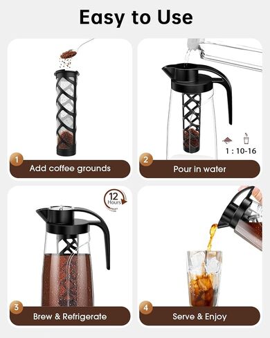 Cold Brew Coffee Maker ، 70 أونصة (2100 مل) BPA Tritan Pitcher ، صانع القهوة المثلجة ومصنع شاي ، مقاومة للتسرب 100 ٪ ، سهلة التنظيف ، مرشح شبكة قابلة للتنظيف ، أسود in Saudi Arabia