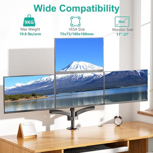 WALI Quad Monitor Mount for 17-27 inch Screens, Extra Tall 4 Monitors Desk Mount, up to 19.8lbs, 32.2 inch Height Max, Fully Adjustable Gas Spring 4 Monitor Stand, VESA 75/100mm (GSDM004S), Black in Kuwait
