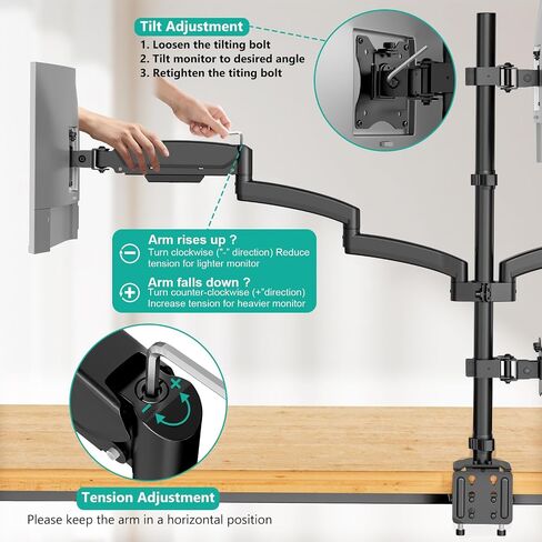 WALI Quad Monitor Mount for 17-27 inch Screens, Extra Tall 4 Monitors Desk Mount, up to 19.8lbs, 32.2 inch Height Max, Fully Adjustable Gas Spring 4 Monitor Stand, VESA 75/100mm (GSDM004S), Black in Kuwait