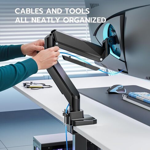 ARES WING Ultrawide Monitor Arm, Heavy Duty Single Monitor Mount for 13"-49" Curved Screens, Adjustable Stand for Desk with C-clamp & Grommet Base up to 40 LBS, Black in Saudi Arabia