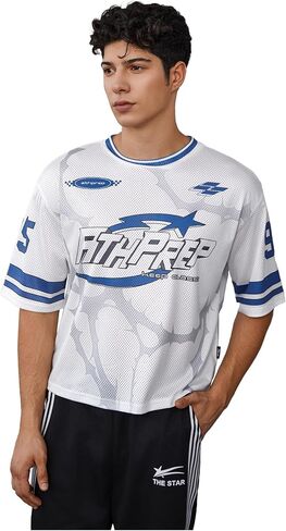 MakeMeChic Men's Jersey Shirt Short Sleeve Striped Graphic Print Crew Neck Y2k Streetwear Tee Top in Saudi Arabia