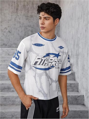 MakeMeChic Men's Jersey Shirt Short Sleeve Striped Graphic Print Crew Neck Y2k Streetwear Tee Top in Saudi Arabia