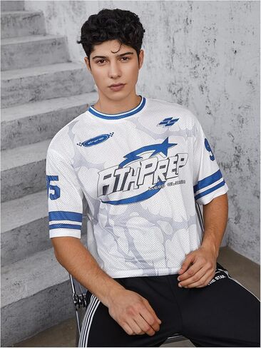 MakeMeChic Men's Jersey Shirt Short Sleeve Striped Graphic Print Crew Neck Y2k Streetwear Tee Top in Saudi Arabia