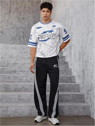 MakeMeChic Men's Jersey Shirt Short Sleeve Striped Graphic Print Crew Neck Y2k Streetwear Tee Top in Saudi Arabia