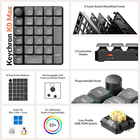 Keychron K0 Max QMK Wireless Custom Number Low-Profile RGB Backlit(Hot-Swappable) Banana Switch Keypad,2.4 GHz & Bluetooth 5.3 Connection, 1000Hz Polling Rate-Knob in Saudi Arabia