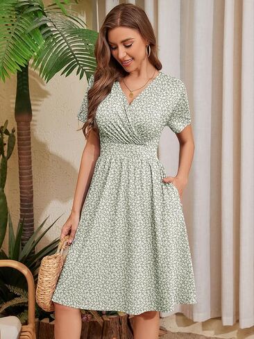 Heymoments صيف الصيف القصيرة الأكمام الفساتين قميص قميص متدفق تونس السيدات شاطئ شاطئ Sundress in Kuwait