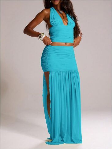 Floerns Women's Deep V Neck Halter Tops Y2K Ruched Backless Party Crop Tank Top in Saudi Arabia