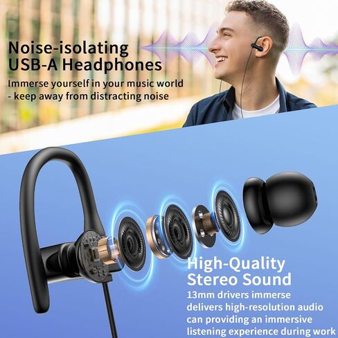 سماعات USB C الأذن سلكية على سماعات الأذن لـ iPhone 17 16 Pro Max Samsung S25 S24 Ultra A17 A16 ، سماعات سماعات سلكية من النوع C Sport مع خطافات أذن وميكروفون حلقة لـ iPad Pro Air Galaxy Z Fold 7 in Kuwait
