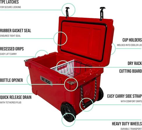 Hogg 65 Qt معزول مبرد مع عجلات ومقابض ، وصدر الثلج المتداول مع عجلات ، ومبردات ذات عجلات ذات عجلات من أجل التخييم ، والمشروبات ، في الهواء الطلق ، 65QT الأزرق in Kuwait