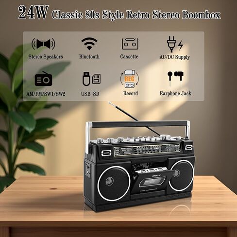 Retro Classic 80s Style Portable Boombox with Cassette Player Recorder, AM/FM/SW1/SW2 Radio, Bluetooth, USB/Micro SD Slots, Headphone Jack, 24W Dual Full-Range High Bass Speakers in Kuwait