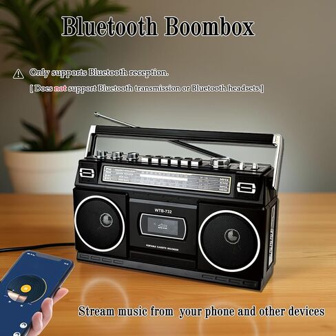Retro Classic 80s Style Portable Boombox with Cassette Player Recorder, AM/FM/SW1/SW2 Radio, Bluetooth, USB/Micro SD Slots, Headphone Jack, 24W Dual Full-Range High Bass Speakers in Kuwait