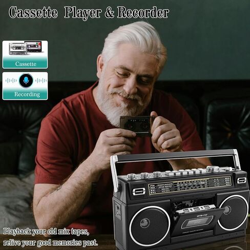 Retro Classic 80s Style Portable Boombox with Cassette Player Recorder, AM/FM/SW1/SW2 Radio, Bluetooth, USB/Micro SD Slots, Headphone Jack, 24W Dual Full-Range High Bass Speakers in Kuwait