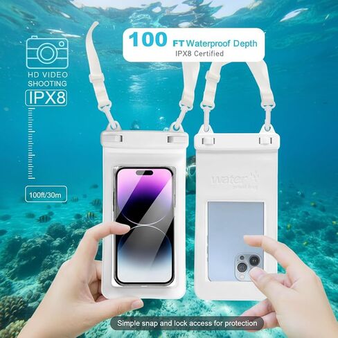 حقيبة هاتف مقاومة للماء مع الحبل - حالة مقاومة للماء لـ iPhone & Android - حامل الهاتف تحت الماء للسباحة والشاطئ وحوض السباحة - حقيبة مقاومة للماء للهواتف المحمولة (أبيض) in Kuwait