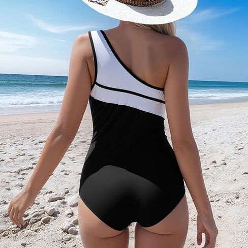 NESY Women's One Piece Swimsuit One Shoulder Bathig Suit Women Black White Color Block Beachwear Tummy Control Swimwear in Saudi Arabia