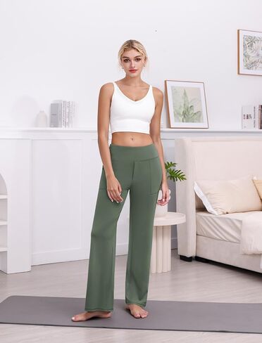 Wide Leg Yoga Pants Women Elastic High Waisted Lounge Pants Loose Causal Comfy Trousers with Pockets in Kuwait
