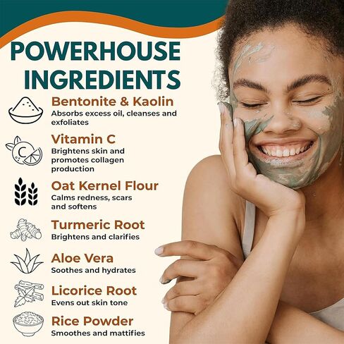 قناع طين فيتامين C الكركم C - قناع للوجه والجسم مع منصات ، الألوة والطين الطبيعي للبشرة الحساسة ، والمسام ، ومظهر العيب ، وحتى ندبات البشرة ، والبشرة الباهتة ، والرؤوس السوداء in Kuwait