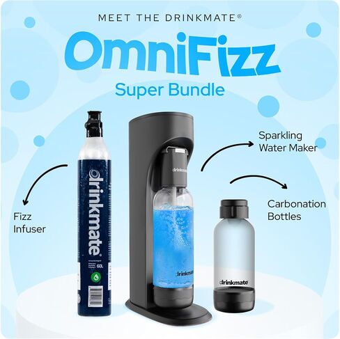 Drinkmate OmniFizz Sparkling Water and Soda Maker, Carbonates Any Drink, Special Bundle - Includes 60L CO2 Cylinder, Two Carbonation Bottles, and Fizz Infuser (Classic White) in Kuwait