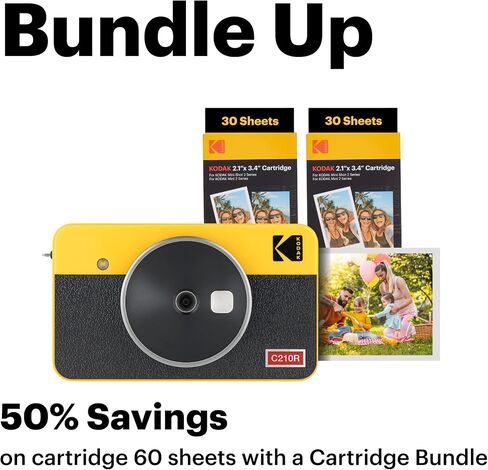 KODAK Mini Shot 2 Retro 4PASS 2-in-1 Instant Digital Camera and Photo Printer (2.1x3.4 inches) Initial 8 Sheets + 60 Sheets Bundle, White in Saudi Arabia