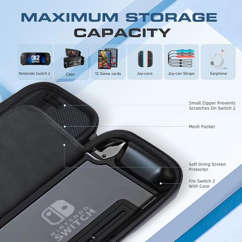 YAOTUBAG Carrying Case for Nintendo Switch 2 2025, Large Capacity Travel Protective Handbag, Hard Shell Portable Pouch, Holds Cased Console, Accessories, 12 Game Cards [Plus Version] Black in Saudi Arabia