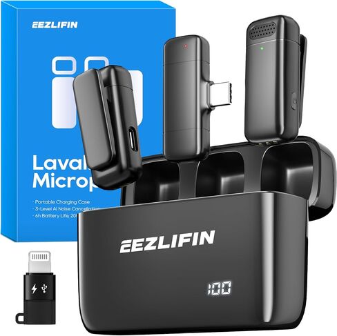 Mini Microphone for iPhone and Android, Wireless Microphones with Charging Case, USB-C&Lightning Compatible, 3 Noise Cancellation Modes, Lavalier Mic for Vlogging&Podcast, 2*20H Battery Life in Saudi Arabia