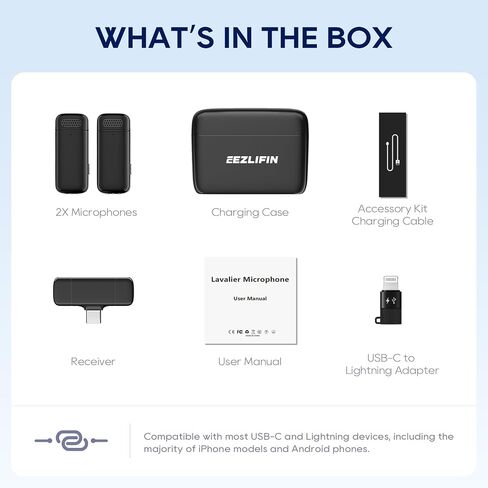 Mini Microphone for iPhone and Android, Wireless Microphones with Charging Case, USB-C&Lightning Compatible, 3 Noise Cancellation Modes, Lavalier Mic for Vlogging&Podcast, 2*20H Battery Life in Saudi Arabia
