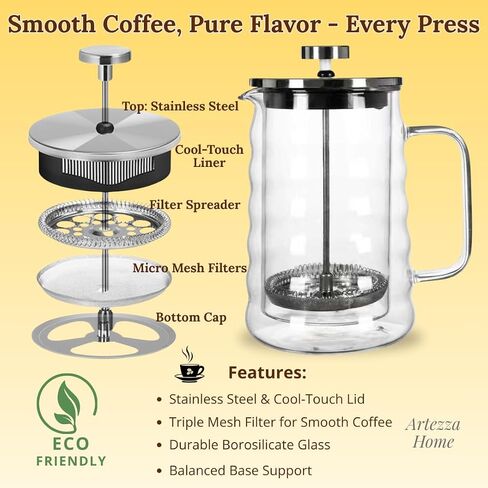 French Press Coffee Maker – 650ml / 22oz – Ribbed Glass Design – Borosilicate Glass with Stainless Steel Filter –Serves Small 4–5 cups in Saudi Arabia