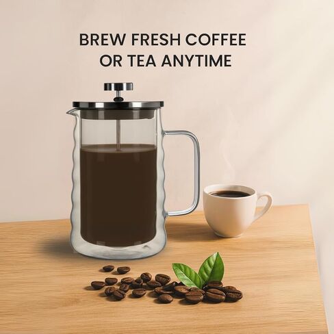 French Press Coffee Maker – 650ml / 22oz – Ribbed Glass Design – Borosilicate Glass with Stainless Steel Filter –Serves Small 4–5 cups in Saudi Arabia