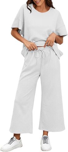 BXBY Women's 2 Piece Outfit Set Summer Lounge Going Out Matching Set Short Sleeve T-Shirt Wide Leg Pants Casual Wear in Kuwait