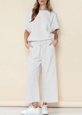 BXBY Women's 2 Piece Outfit Set Summer Lounge Going Out Matching Set Short Sleeve T-Shirt Wide Leg Pants Casual Wear in Kuwait