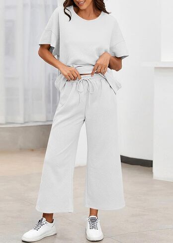 BXBY Women's 2 Piece Outfit Set Summer Lounge Going Out Matching Set Short Sleeve T-Shirt Wide Leg Pants Casual Wear in Kuwait