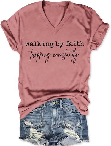 تي شيرت Walking by Faith Tripping Constantly للنساء، تي شيرت برسوم ملهمة مضحكة، قميص كاجوال برقبة على شكل حرف V in Kuwait