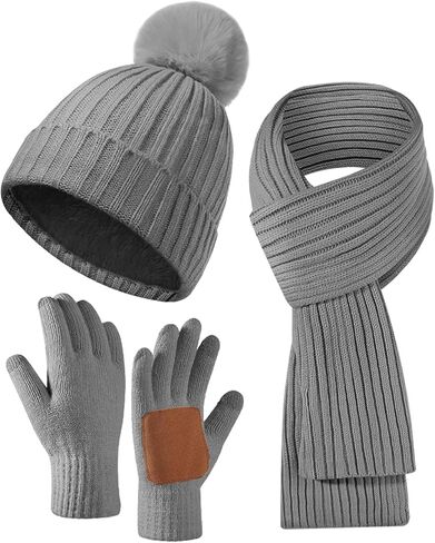 Women's Winter Beanie Hat Scarf Gloves Set,Fleece Lined Knit Pom Hat Long Scarf with Touchscreen Gloves Gifts for Women in Saudi Arabia