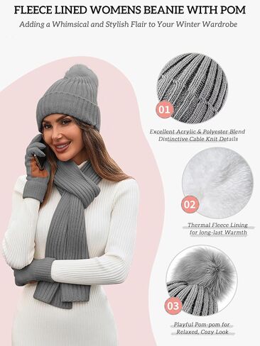Women's Winter Beanie Hat Scarf Gloves Set,Fleece Lined Knit Pom Hat Long Scarf with Touchscreen Gloves Gifts for Women in Saudi Arabia