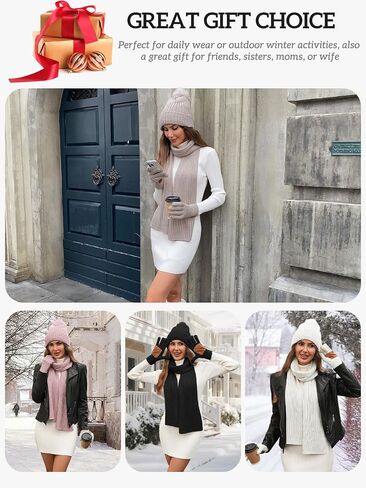 Women's Winter Beanie Hat Scarf Gloves Set,Fleece Lined Knit Pom Hat Long Scarf with Touchscreen Gloves Gifts for Women in Saudi Arabia