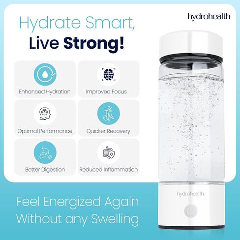 Hydrohealth Hydrogen Water Bottle for Kidney Health – 1600PPB Hydro Health Rechargeable Bottle with SPE/PEM Tech – Water Hydrogen for Daily Use | Turbocharge Energy, Strength & Metabolism in Saudi Arabia