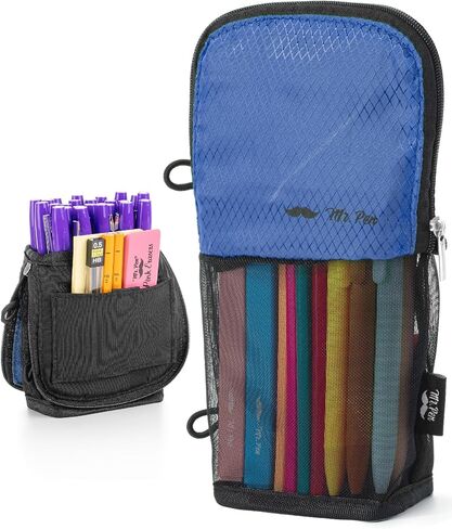 Mr. Pen- Cute Pencil Case Pouch, Sit & Lay Mesh-View Design, Black & Gray, Interior Pocket & 2 Elastic Binder Loops, Standing Pencil Case for Girls and Boys in Kuwait