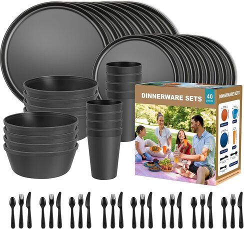 Plastic Dinnerware Sets – Brown Plastic Plates, 40-Piece Reusable Dishes Set for 8 with Cups, Forks, Knives and Spoons, Unbreakable Plates and Bowls for Camping, Outdoor Use in Saudi Arabia